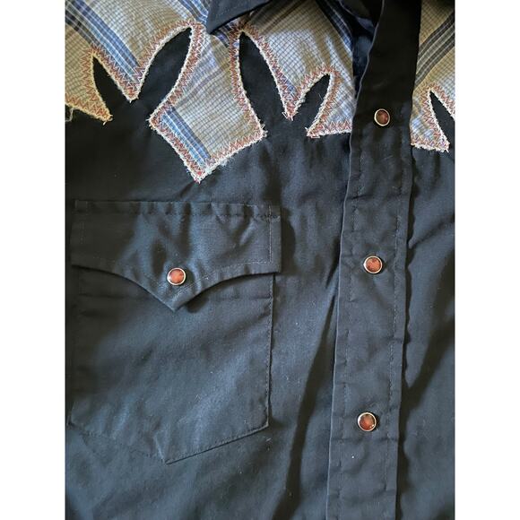 VTG Champion Westerns Navy Blue Tartan Plaid Shoulders M Pearl Snap Button Up - Picture 3 of 7